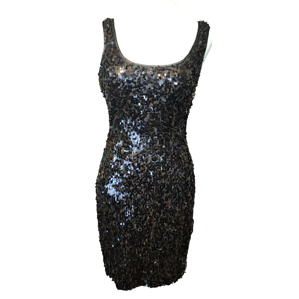 JS Y2K Boutique Black Sequin Cocktail Dress Sleeveless V-Back Size 4